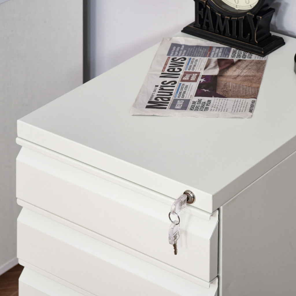 Mobiletto da ufficio mobile con 3 cassetti e ruote, in acciaio compatto con maniglia concava, colore bianco, dimensioni 39x48x60 cm.