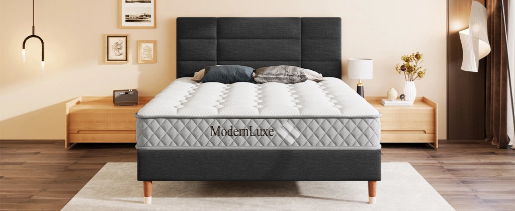 DESMIU Letto matrimoniale 140 × 200 cm 2 posti con rete e materasso, testiera imbottita, in lino, nero
