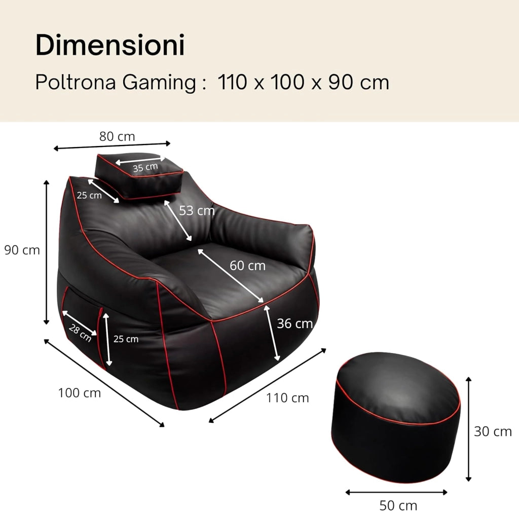 Set Pouf Poltrona Gaming XXL + Pouf rotondo - Comfort per relax e gaming - Poggiatesta regolabile, 2 tasche - Per divano, soggiorno e postazione gaming (110×100×90 cm, Rosso)
