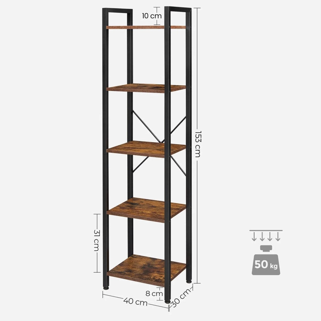 Libreria a 5 ripiani con struttura in acciaio per soggiorno ufficio corridoio stile industriale marrone 153 cm rustico e nero 12_0002794