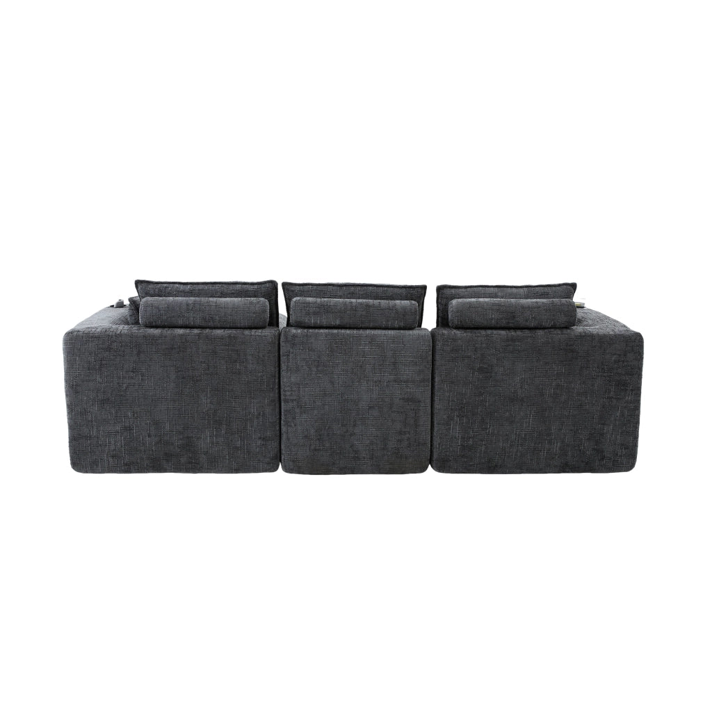Divano modulare a 3 posti con pouf in chenille grigio scuro, tasche laterali e cuscini, 75 × 256 × 161 cm