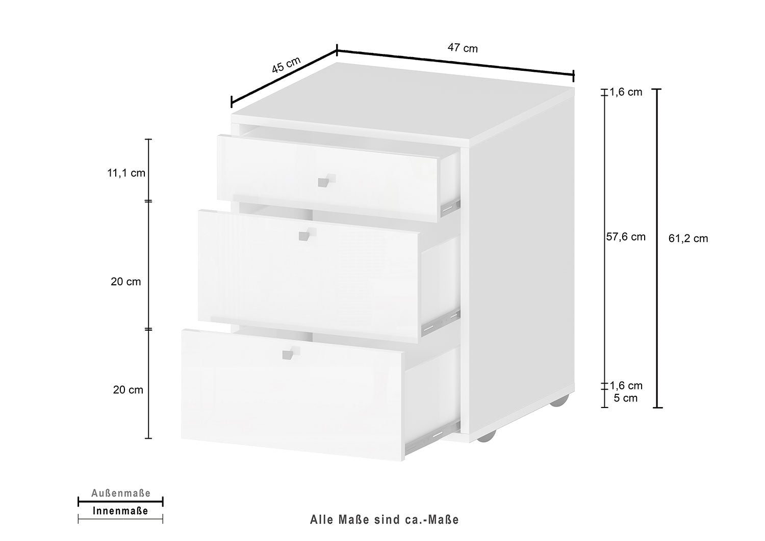 Cassettiera 3 Cassetti 47x45x61,2 cm Selina Bianco Lucido