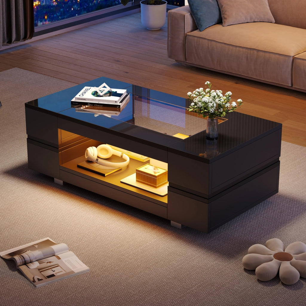 Tavolino da caffè LED nero 100x50x35 cm con app; vetro temperato e doppio ripiano