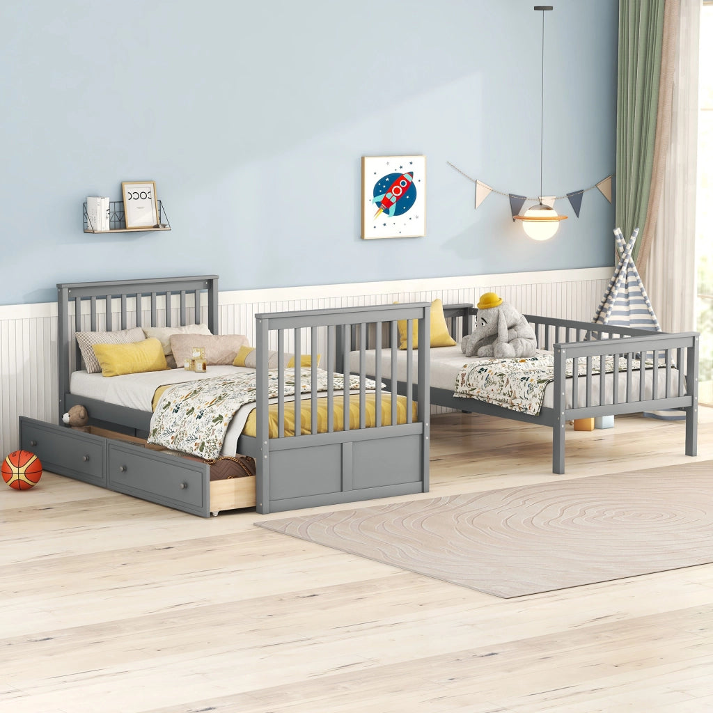 Letto a castello funzionale in pino grigio 90x200 cm