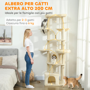 Albero Tiragraffi per Gatti Alto 200 cm Multilivello con Casette Lettini e Amaca in Peluche Beige