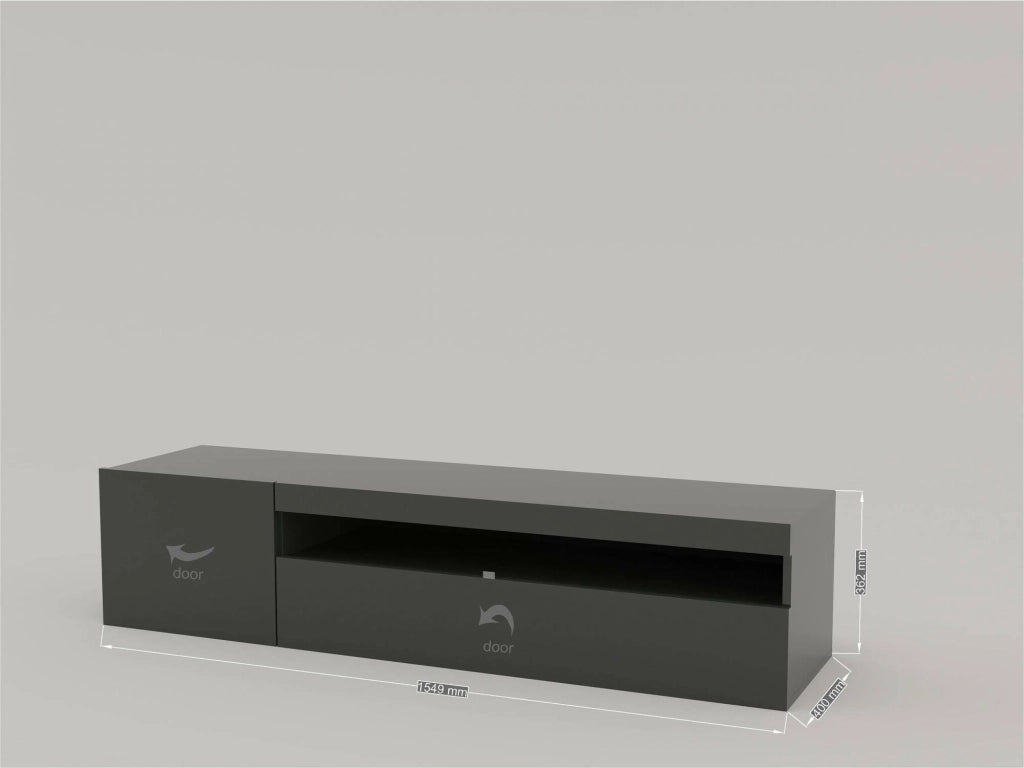 Mobile da soggiorno Porta Acrilya, Made in Italy, Credenza per Acrilya a 2 ante, Porta Acrilya da salotto, cm 150x40h37, Antracite lucido, con luce LED blu