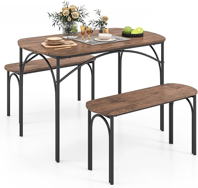 Tavolo da Pranzo con 2 Panche, Set di Tavolo e Panca in Legno e Metallo per 4 Persone, Set Mobile Salvaspazio e Moderno da Cucina, Sala da Pranzo e Soggiorno, Marrone