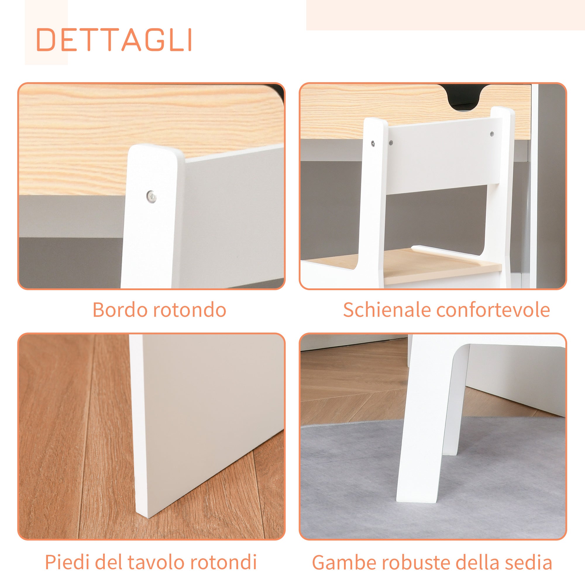 Set Scrivania e Sedia per Bambini con Cassetto e Scaffale in MDF Bianco e Legno