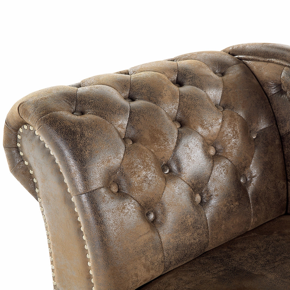 Chaise longue marrone a versione sinistra in finta pelle scamosciata abbottonata