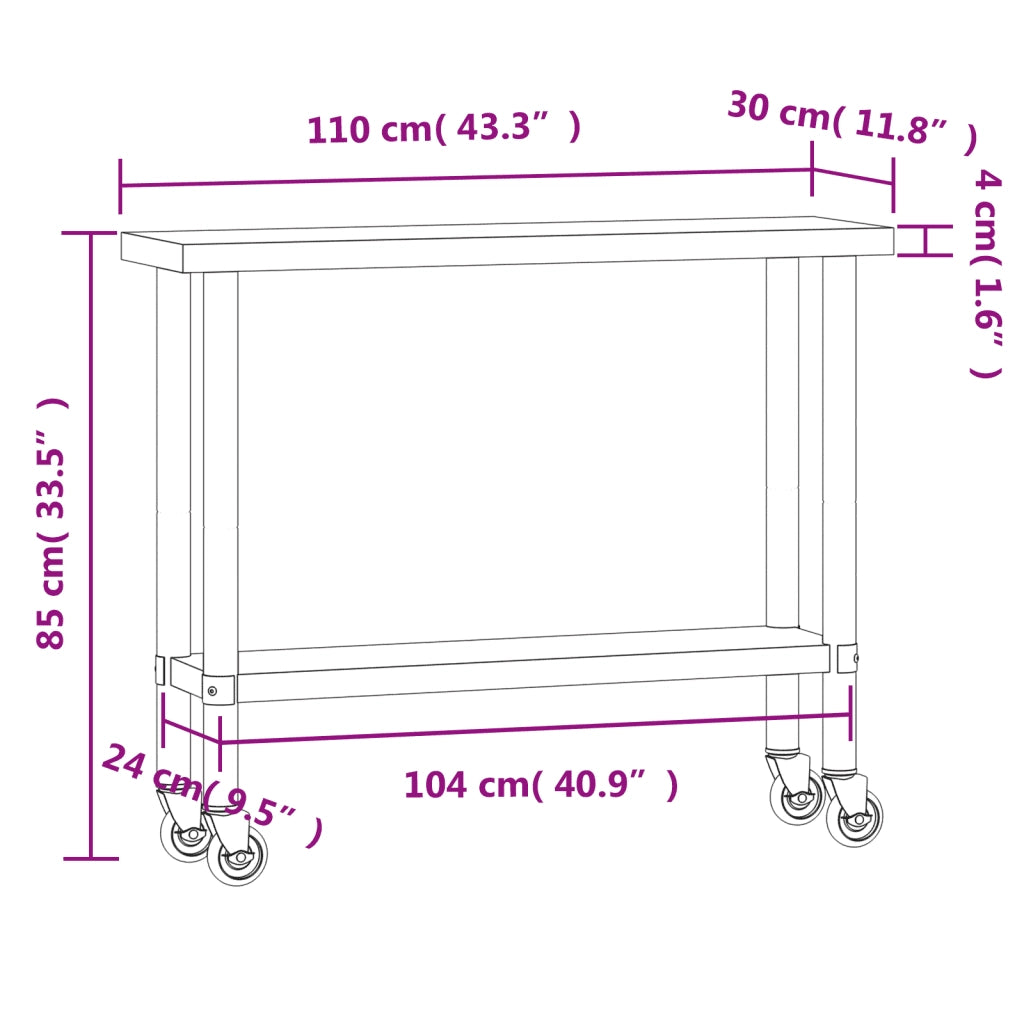 Tavolo da Lavoro Cucina con Ruote 110x30x85 cm in Acciaio Inox CFW7892794