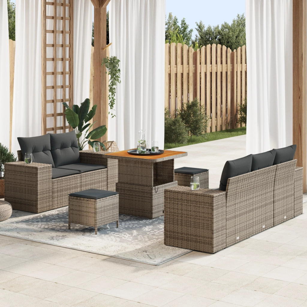 Set Divano da Giardino 8 Pezzi con Cuscini Grigio Polyrattan Acacia