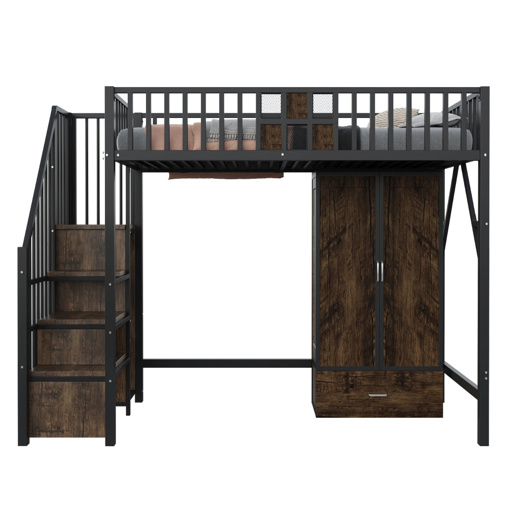 Letto a castello nero in metallo e legno con funzione contenitiva 90x200 cm