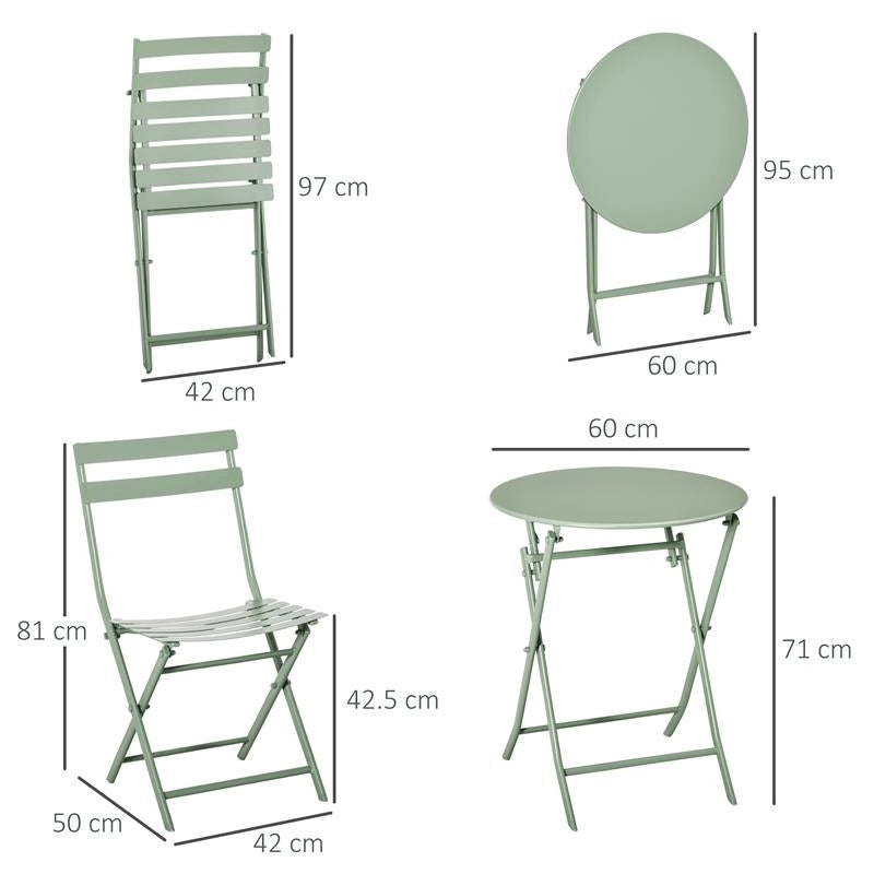 SET DA GIARDINO 3 PEZZI PIEGHEVOLI IN ACCIAIO 2 SEDIE 42X50X81 CM E TAVOLINO Ø60X71 CM VERDE