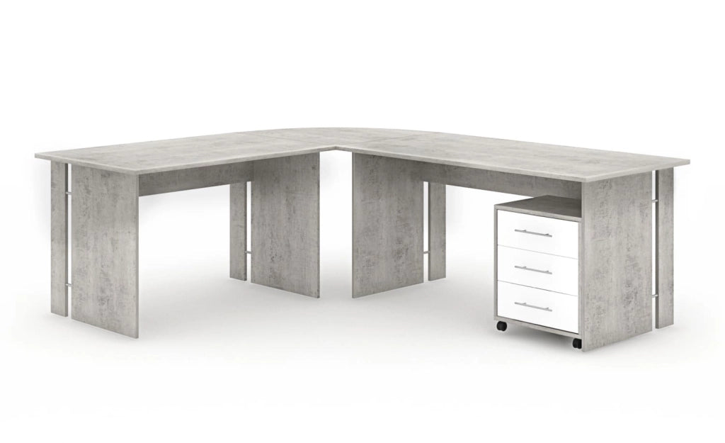 Set Completo Per Ufficio Con 2 Scrivanie 1 Modulo Ad Angolo 1 Cassettiera Con Ruote 2 Armadi Alto E Basso 2 Librerie Alta E Bassa Finitura Bianco Frassinato E Grigio Cemento