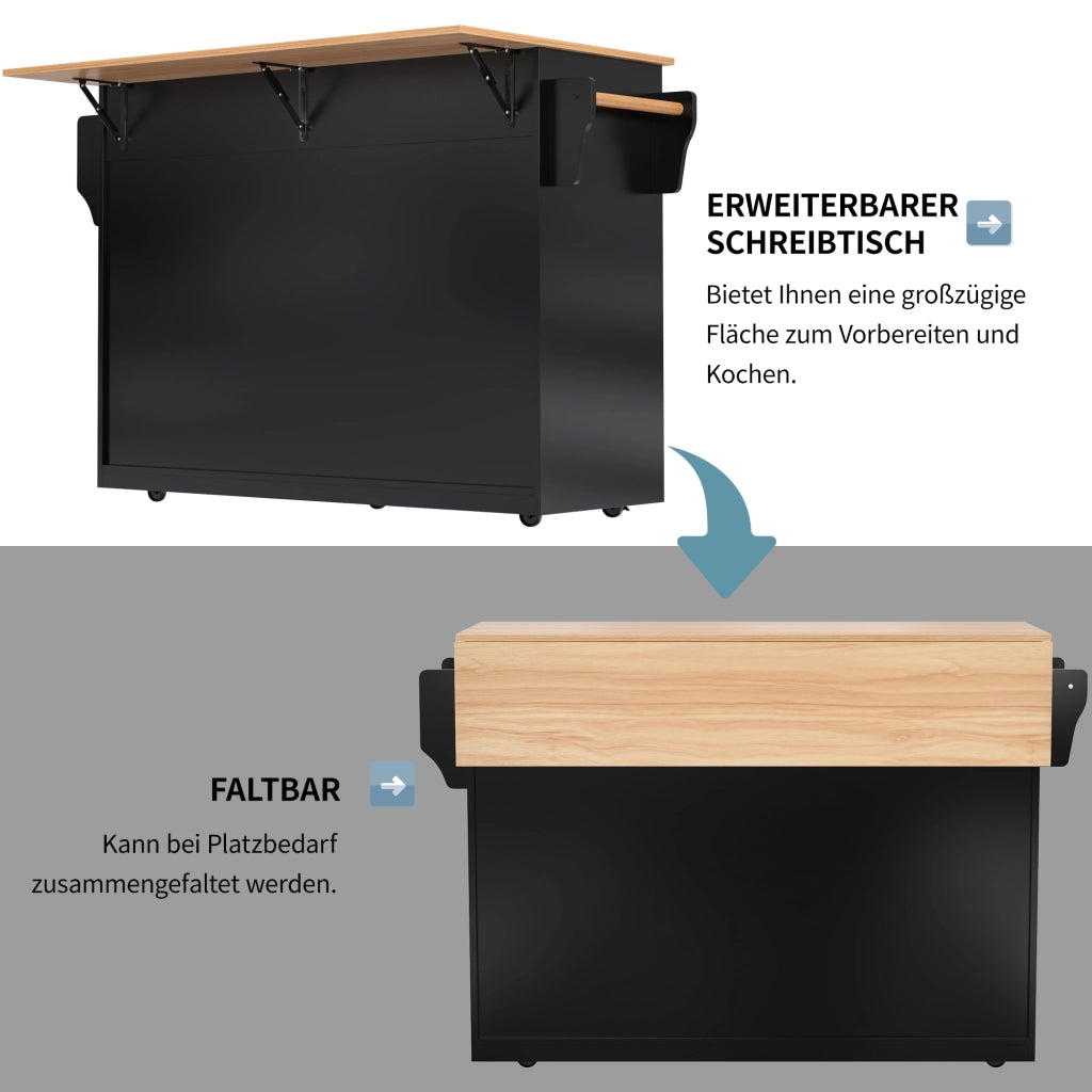 Carrello da Cucina con 2 Cassetti; 4 Ante; Piano Ribaltabile; Ruote e Portasciugamani; Nero 120x46x91;5 cm