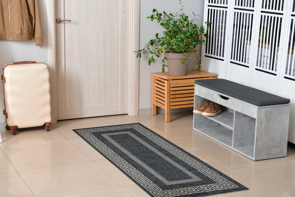 Tappeto Arredo Moderno Morbido in Ciniglia Ingresso Antiscivolo Prodotto Italiano  Soggiorno Camera Salotto Disegni Piazzati Cotone Varie Misure Grande Atena/Antracite - 80x150 cm