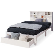 Letto singolo 90x200 cm con testiera a libreria e cassetti; legno; bianco (Senza materasso)