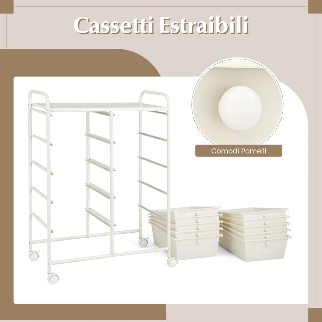 Carrello a 10 Cassetti con Ruote, di Stoccaggio con Stabilità Elevata, Multiuso per Casa Ufficio e Scuola, 65,5 x 37 x 87 cm (Bianco)