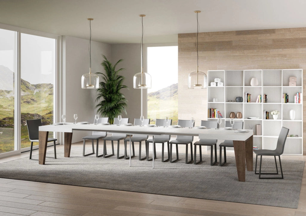 Tavolo Allungabile 160/420x90x77 cm Naxy Mix piano Bianco Frassino gambe Noce