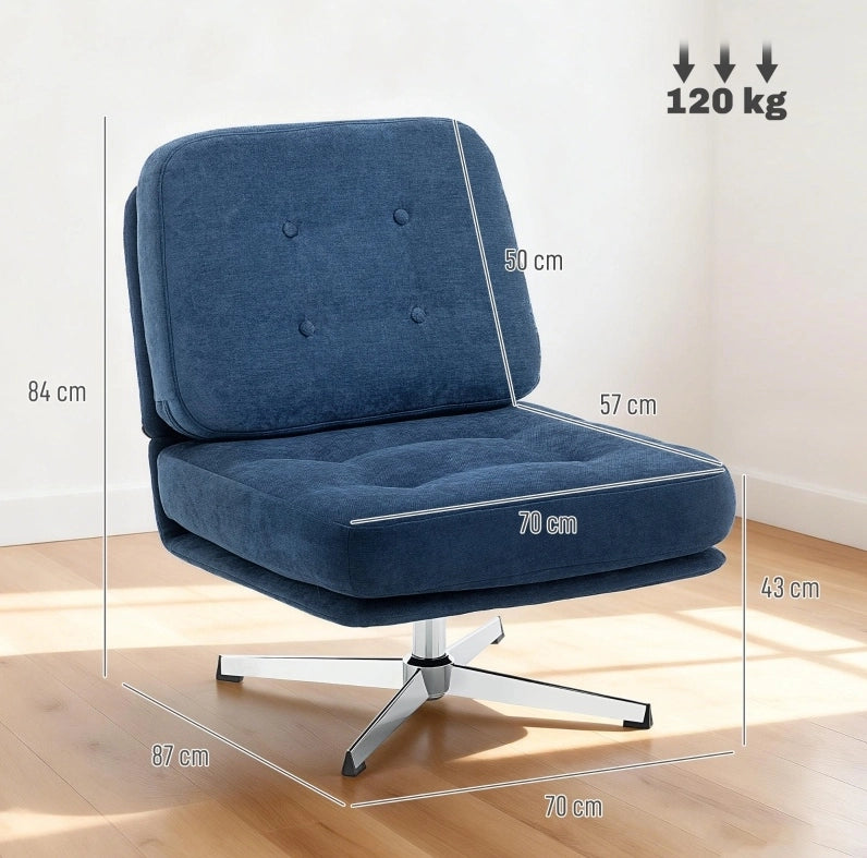 Poltrona girevole imbottita in ciniglia blu con seduta larga