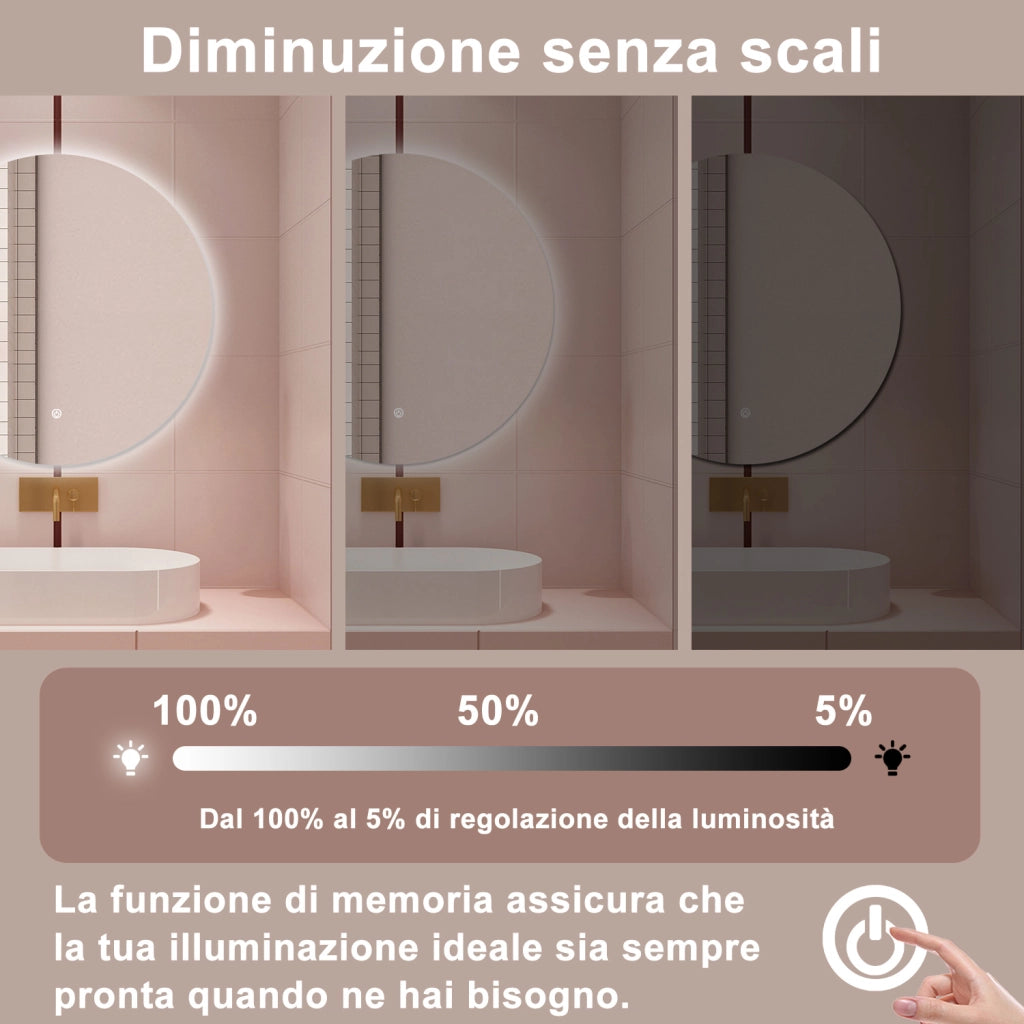 AICA Specchio da bagno 90 x 90 cm, antiappannamento, dimmerabile, interruttore touch, Funzione Memoria