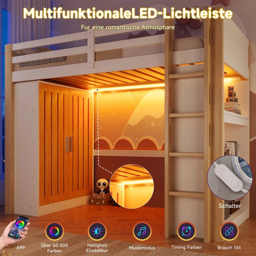 Letto a Soppalco con LED, Armadio e Scaffale ¨C MINIMAL ¨C 90x200 Bianco e Naturale