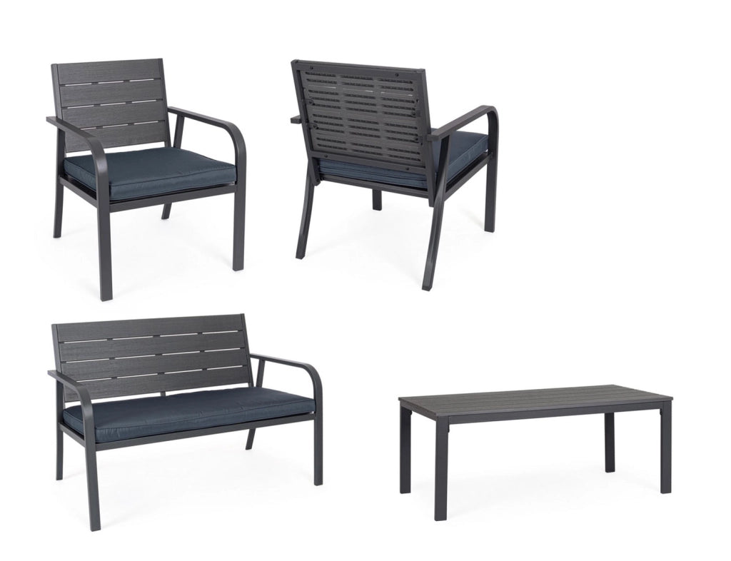 Set 4 Pezzi Salotto da Giardino con Divano 2 Poltrone e Tavolino in Acciaio e HDPE Sarita Antracite