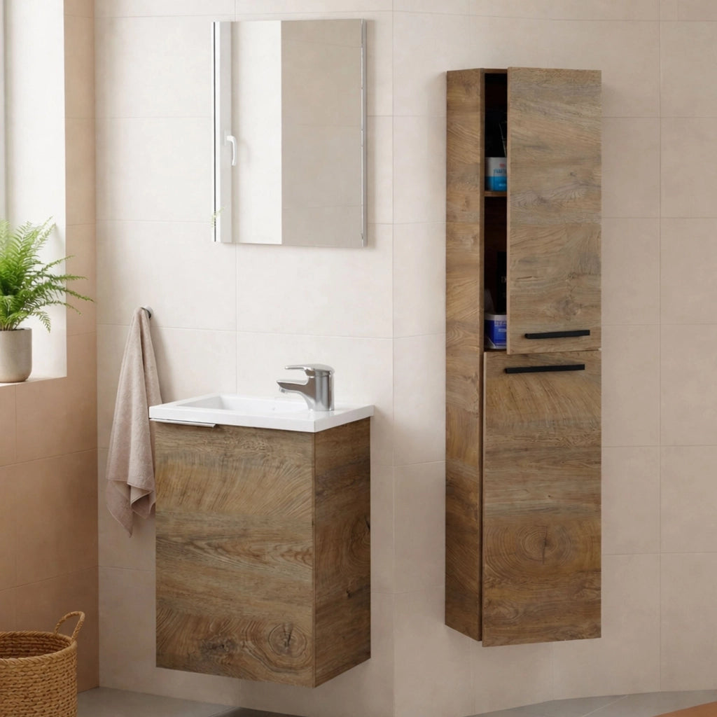 Osnago, set Mobili Bagno Specchio Incluso, Marrone Quercia