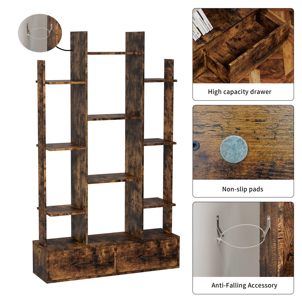 Libreria con 12 ripiani aperti e 2 cassetti in metallo e legno marrone stile industriale