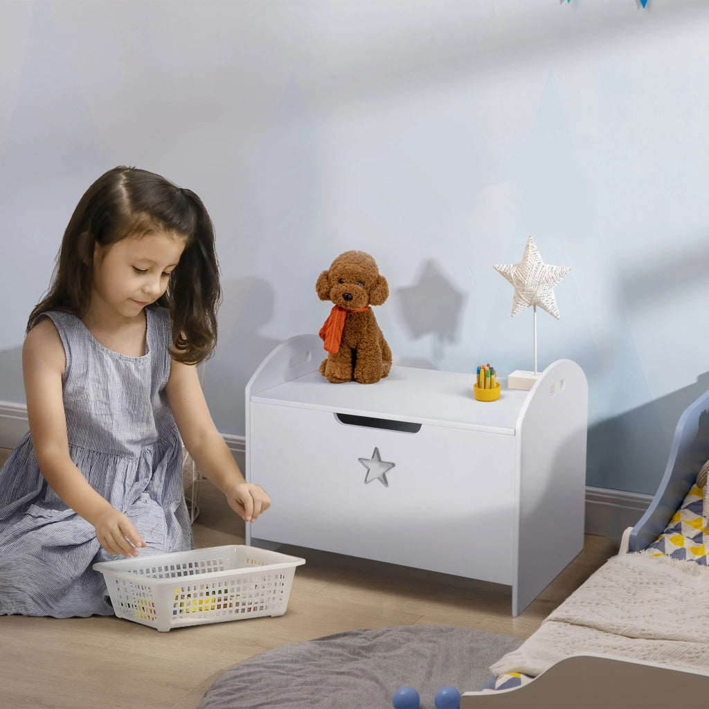 Baule Contenitore Panca Portagiochi per Bambini (62x40x46.5cm) in Legno Bianco con Cerniere di Sicurezza