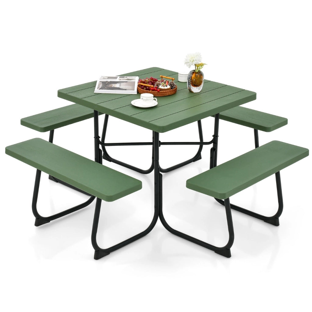 Set tavolo da picnic quadrato per 8 persone, Tavolo per esterni con foro per ombrellone capacit¨¤ di 225kg Verde-Tavoli e sedie da campeggio