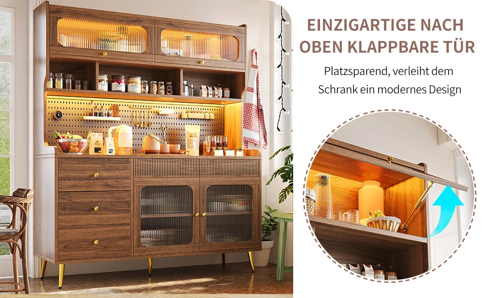 Credenza alta con LED e controllo da app, porta a ribalta, 2 ante e vani interni, per soggiorno e cucina, noce