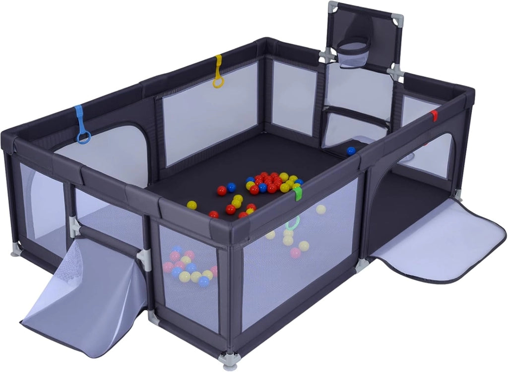 Box Neonati 210 x 150 cm, Recinto Bambini Pieghevole con Canestro da Basket e 2 Porte da Calcio, Parco Giochi con 50 Palline, 4 Anelli e Borsa Trasporto, per Bambini 0-3 Anni (Grigio)