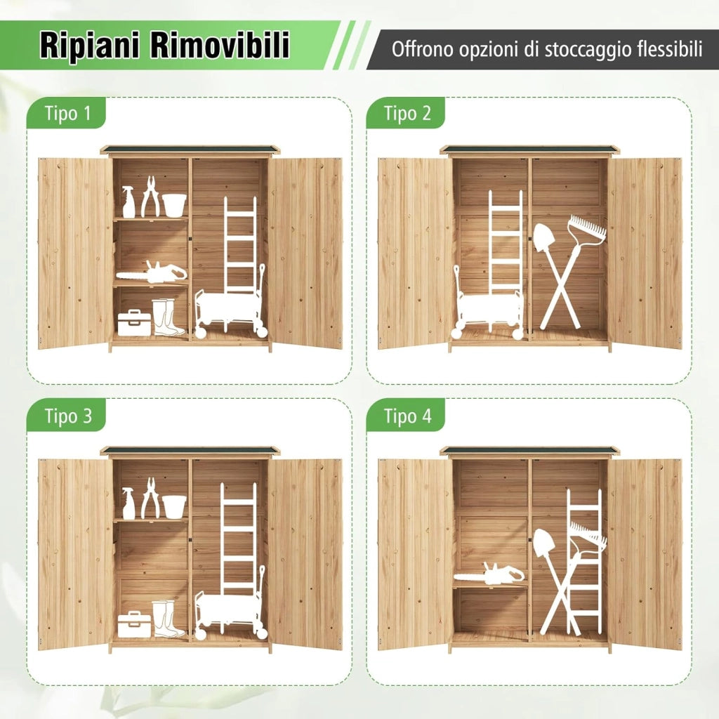 Armadio da Esterno in Legno Massello, Casetta Porta Attrezzi per Esterno con 2 Ripiani Rimovibili, Porte Bloccabili e Tetto Inclinato in Asfalto Impermeabile per Giardino, Cortile e Patio