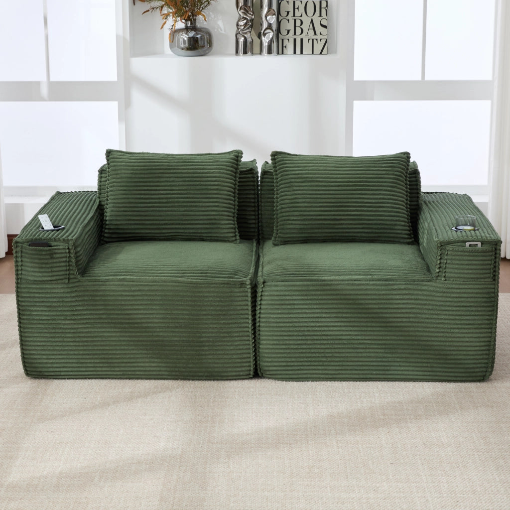 Divano modulare a 2 posti in velluto a coste con portabicchieri e tasche laterali verde 188 × 90 × 75 cm
