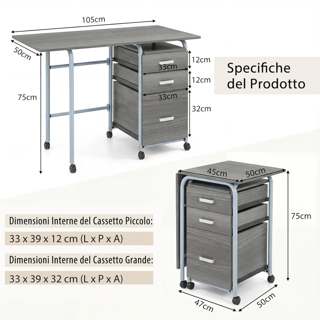 Scrivania Salvaspazio con 3 Cassetti e Ruote Bloccabili, Scrivania Porta PC Pieghevole con Struttura in Metallo per Studio e Ufficio, 105 x 50 x 75 cm, Portata 100 kg (Grigio)