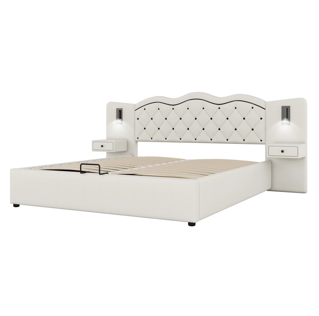 Letto imbottito 180x200 cm; alzata idraulica e luci; lino e MDF; beige