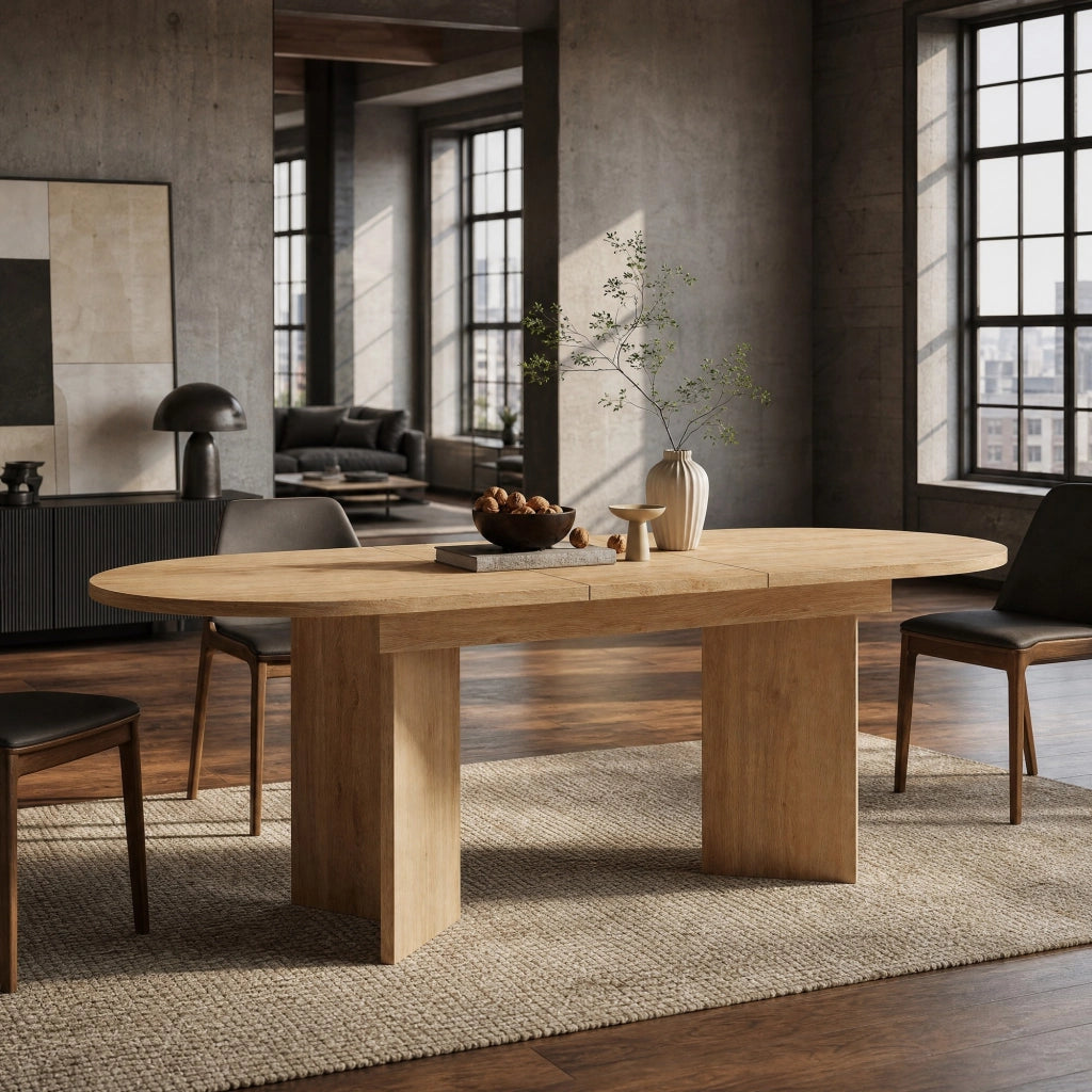 Tavolo da pranzo allungabile 4-8 persone, piano 18 mm, angoli arrotondati, colore rovere