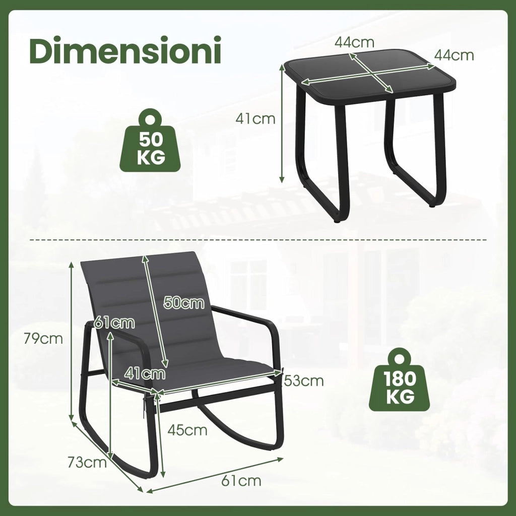 Set Tavolino e Sedie da Giardino con Cuscino, Set di Mobili a Dondolo, Set Bistrò 3 Pezzi, Tavolino in Vetro Temperato, Sedie in Textilene, per Giardino Cortile Piscina (Modello 2)