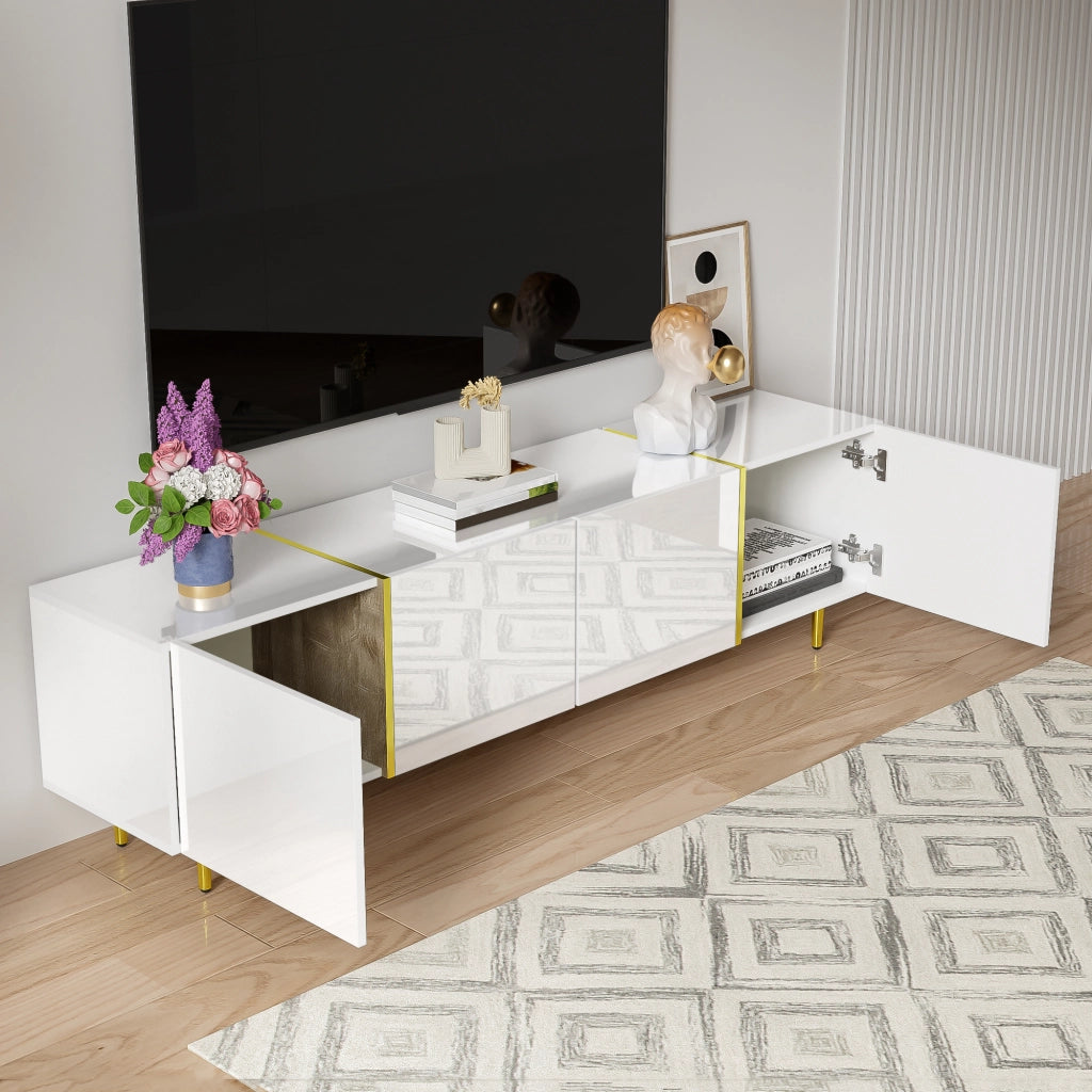 OKWISH Mobile TV con 4 Ante e Chiusura Ammortizzata, Finitura Lucida, per Soggiorno, MDF, Bianco, 170 x 35 x 46 cm