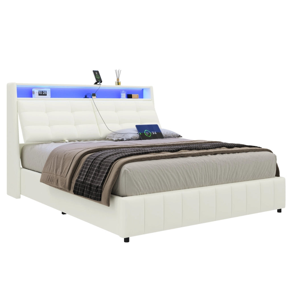 Letto imbottito 160x200 cm con contenitore; LED e USB in PU bianco