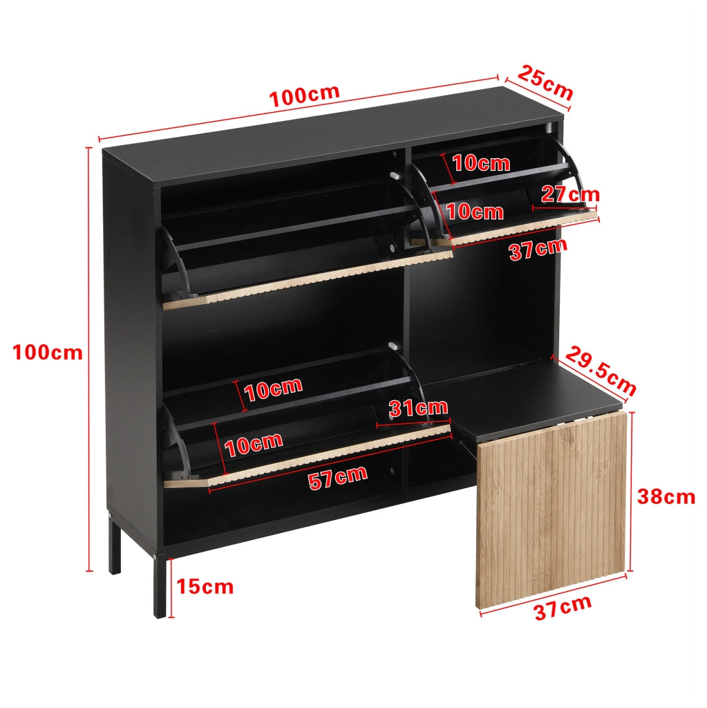 Mobile portascarpe con panca estraibile 100x100x25 cm in MDF nero e naturale