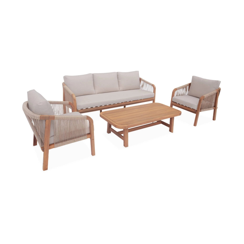 Salotto da giardino in legno e corda, 5 posti, beige