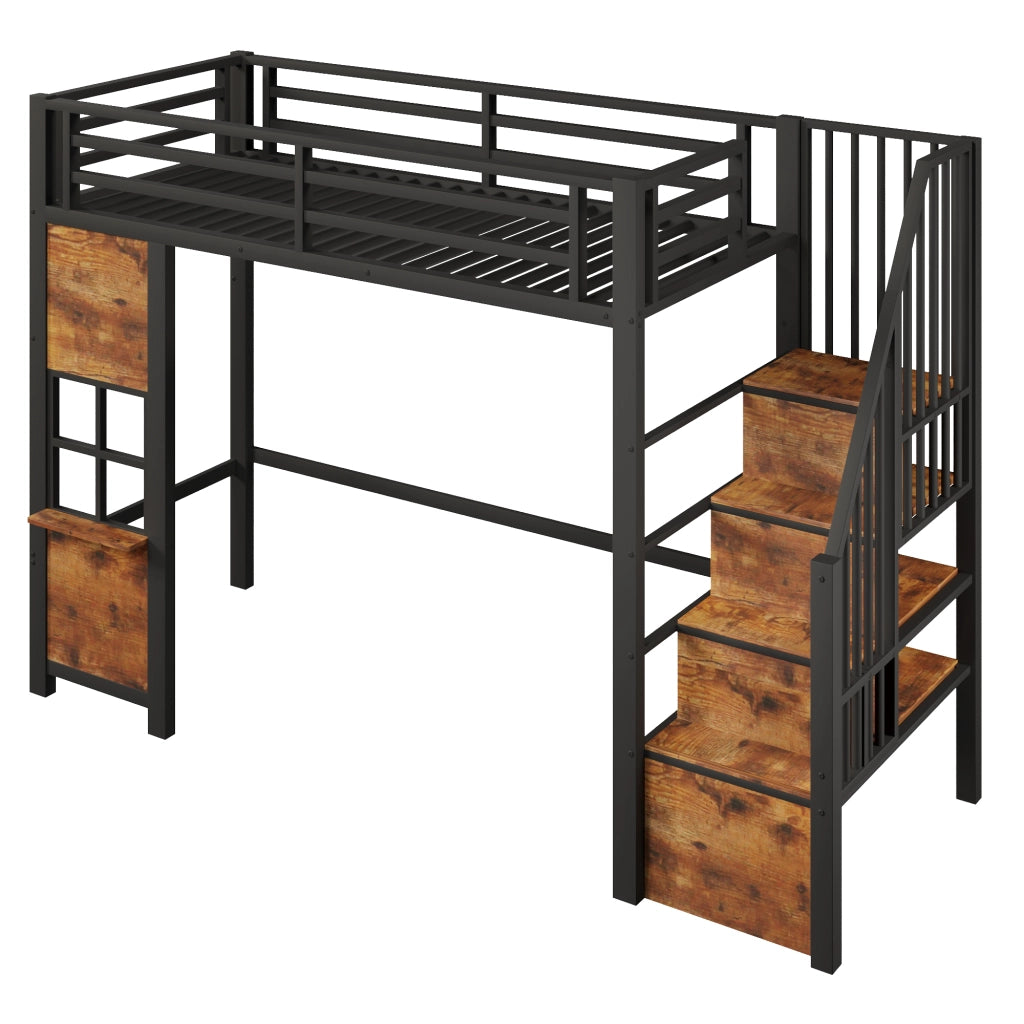 Letto a soppalco 90x200 cm con scala contenitore; finestra; spazio libero sottostante e parapetto; metallo nero