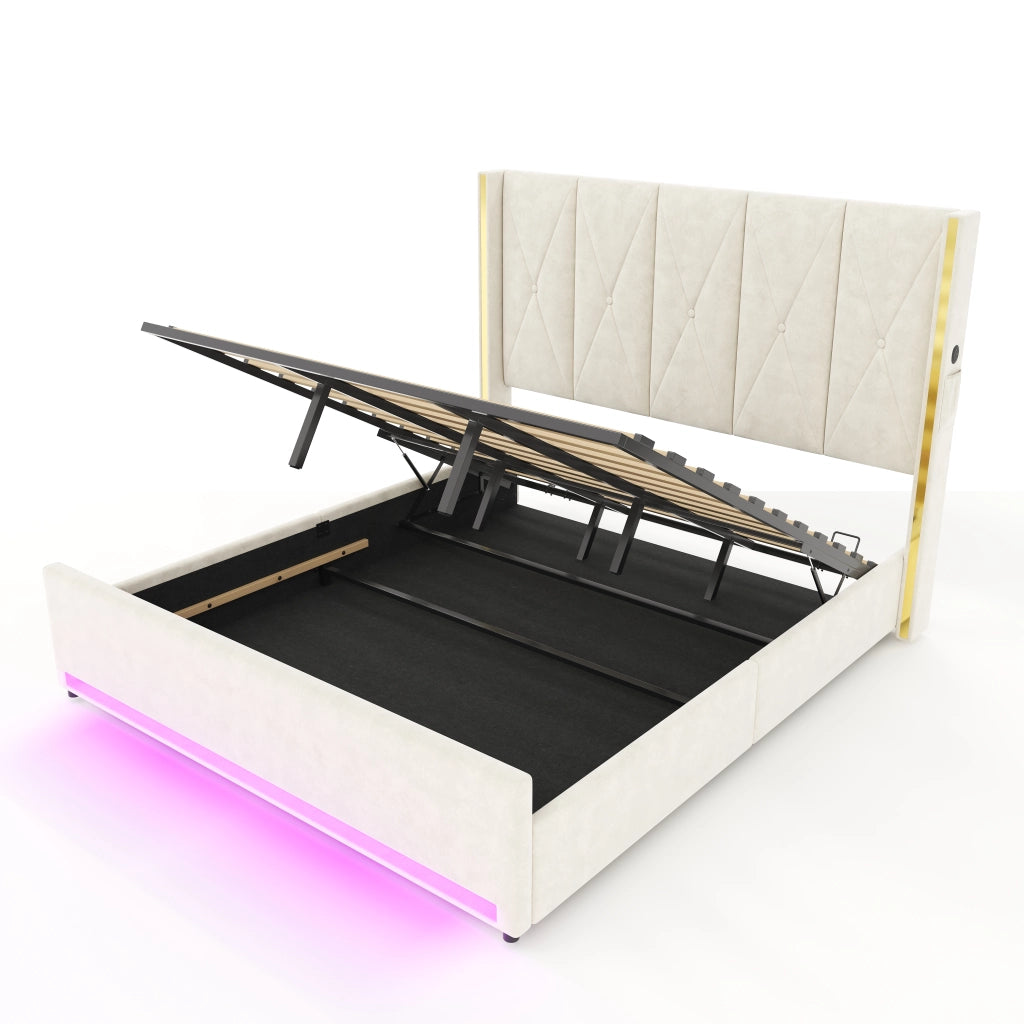 LETTO imbottito 180x200 cm in velluto beige con USB, LED e contenitore