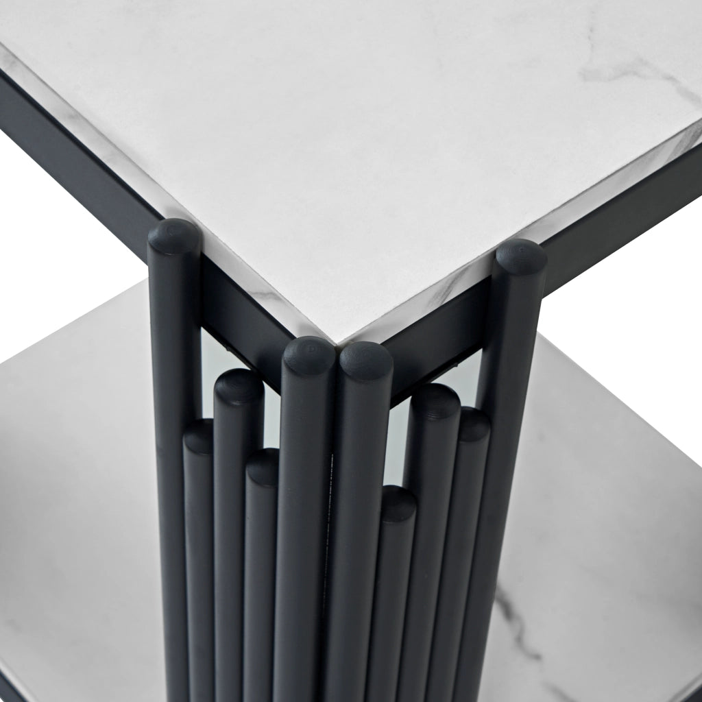 Comodino con 2 ripiani, struttura in metallo nero e piano in MDF effetto marmo, per camera da letto e soggiorno, bianco e nero, 43 × 40 × 55 cm