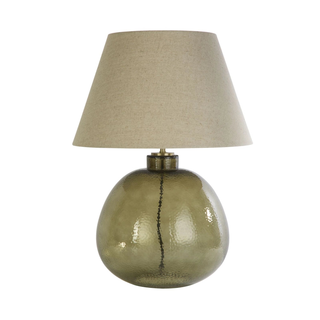Lampada da tavolo Zenith 1Lt, vetro verde con paralume in lino naturale