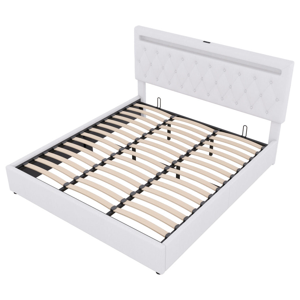 Letti contenitori 180x200 cm con sollevamento idraulico; LED USB; lino e MDF; bianco