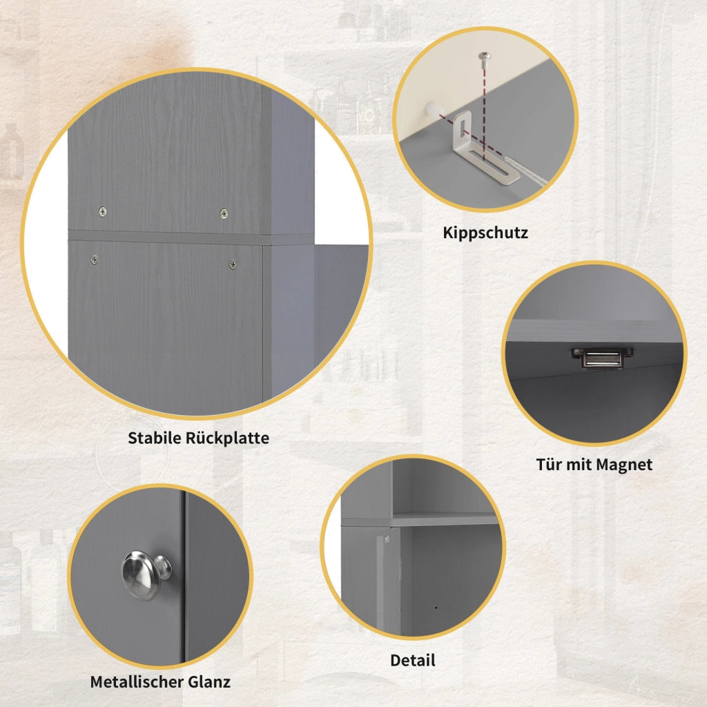 Mobiletto angolare da bagno con vani aperti e ante decorate; grigio