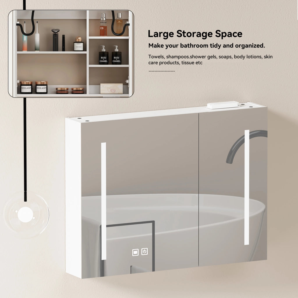 Armadietto a specchio con LED e 2 vani interni per bagno soggiorno e camera da letto in MDF e vetro bianco 80 cm